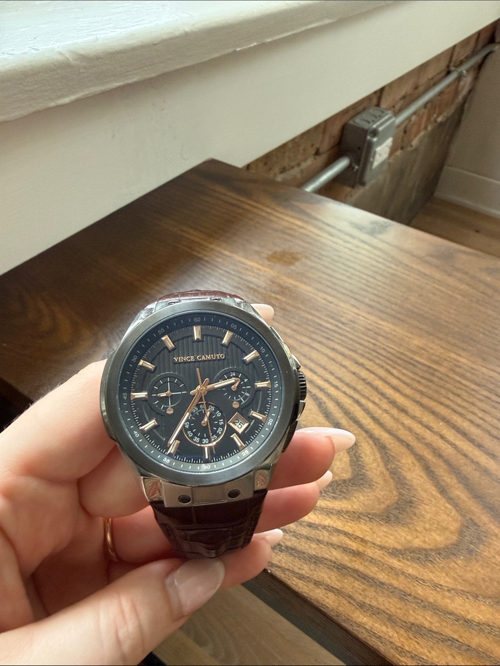 Vince Camuto VC/1111SG Men`s Chronograph Watch 5ATM VD53 3 Brn Leather